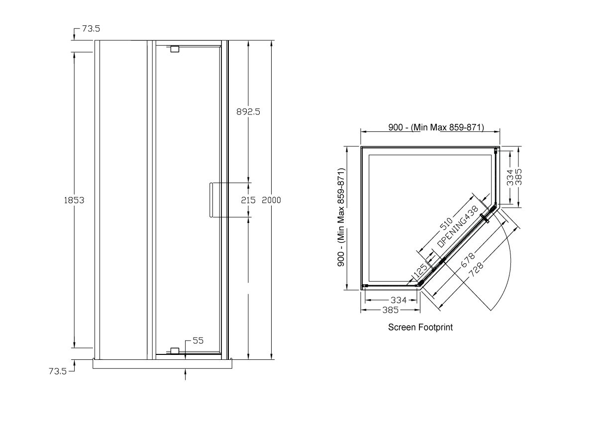 Reece Posh Bristol Angled Shower Screen 900mm X 900mm X 2000mm