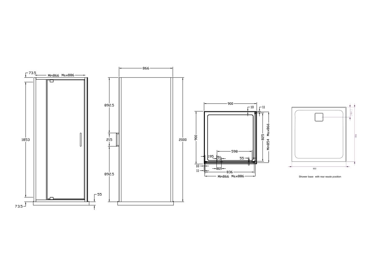 Reece Posh Bristol Luna Shower Base & Shower Screen With Rear Outlet 900mm X 900mm White & Chrome