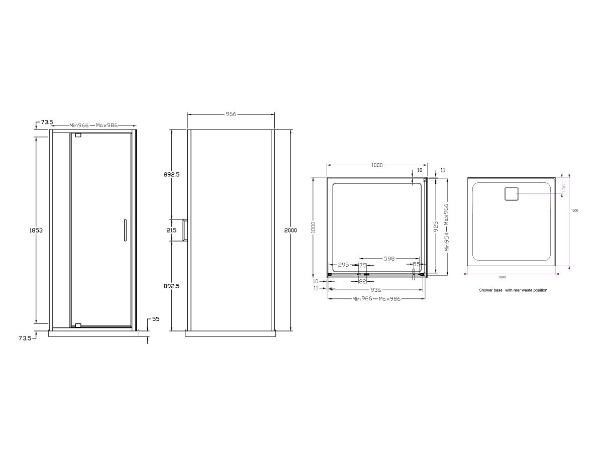 Reece Posh Bristol Luna Shower Base & Shower Screen With Rear Outlet 1000mm X 1000mm White & Chrome