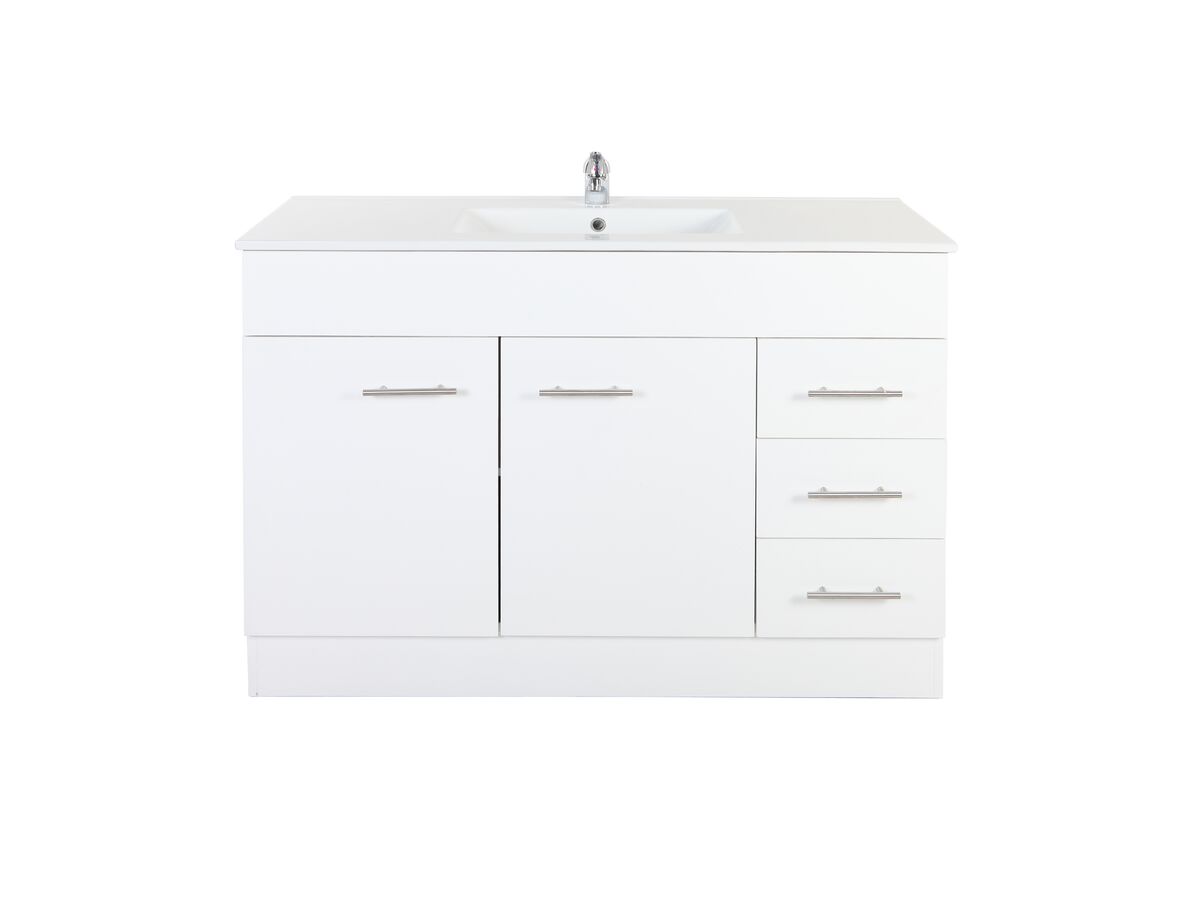reece Posh Bristol MK2 1200mm Vanity Unit with Kick Centre Bowl 2 Door and 3 Right Hand Drawers 1 Taphole White reece Posh Bristol MK2 1200mm Vanity Unit with Kick Centre Bowl 2 Door and 3 Right Hand Drawers 1 Taphole White