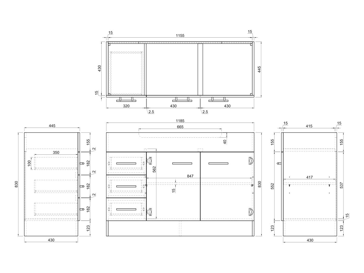 Reece Posh Bristol MK2 1200mm Vanity Unit With Kick Centre Bowl 2 Door And 3 Left Hand Drawers 3 Taphole White