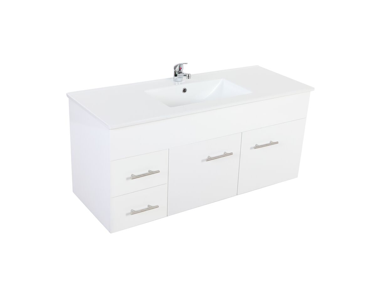 reece Posh Bristol MK2 1200mm Wall Hung Vanity Unit Centre Bowl 2 Door and 2 Left Hand Drawers 1 Taphole White
