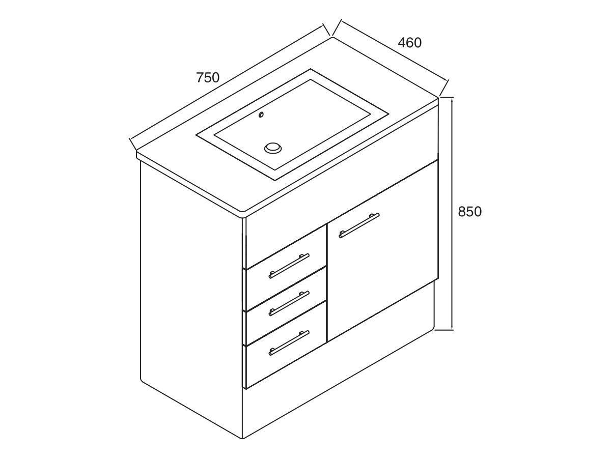 Reece Posh Bristol MK2 750mm Vanity Unit With Kick Centre Bowl 1 Door And 3 Left Hand Drawers 1 Taphole White