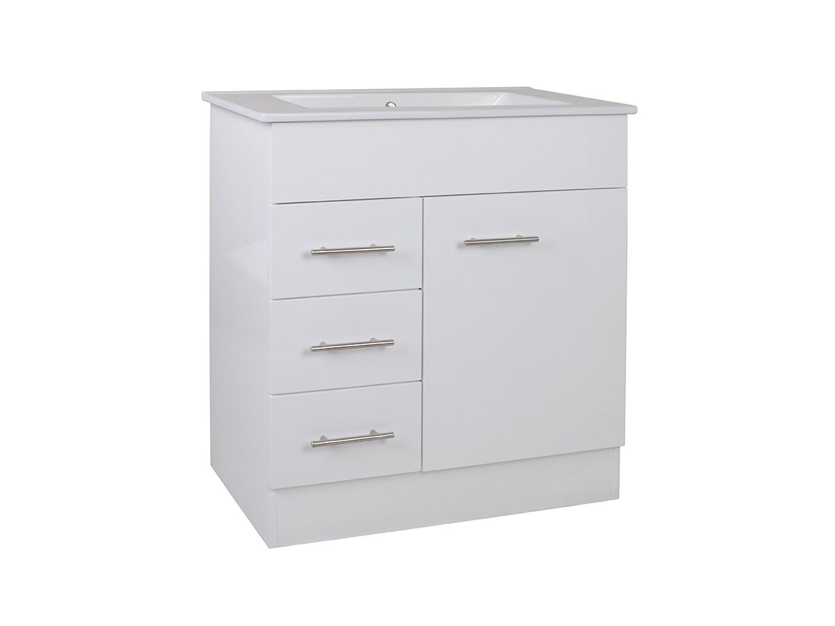 reece Posh Bristol MK2 750mm Vanity Unit with Kick Centre Bowl 1 Door and 3 Left Hand Drawers 1 Taphole White