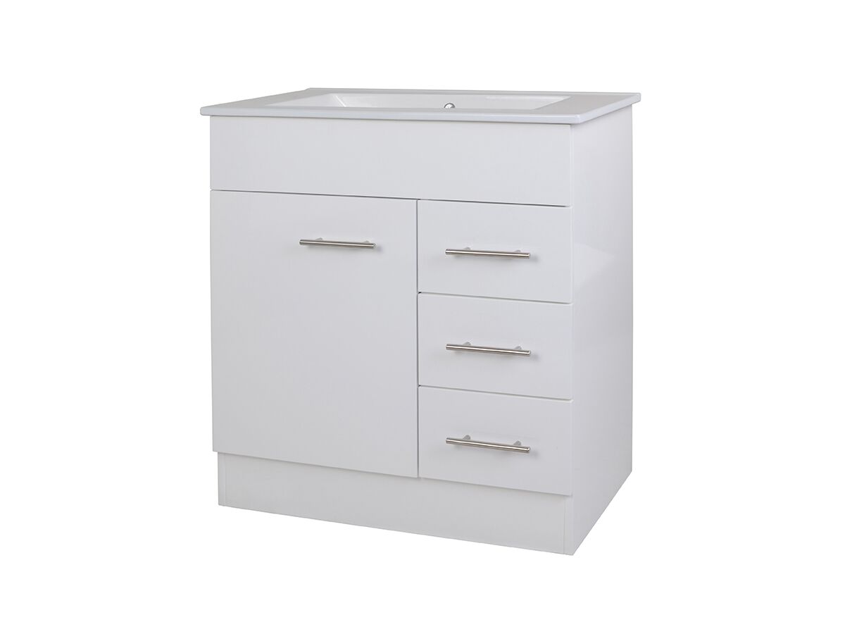 reece Posh Bristol MK2 750mm Vanity Unit with Kick Centre Bowl 1 Door and 3 Right Hand Drawers 3 Taphole White