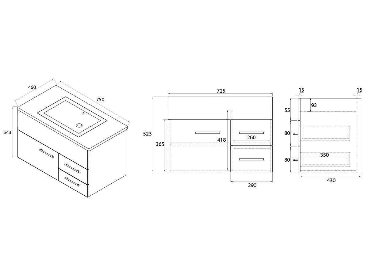 Reece Posh Bristol MK2 750mm Wall Hung Vanity Unit Centre Bowl 1 Door And 2 Right Hand Drawers 1 Taphole White