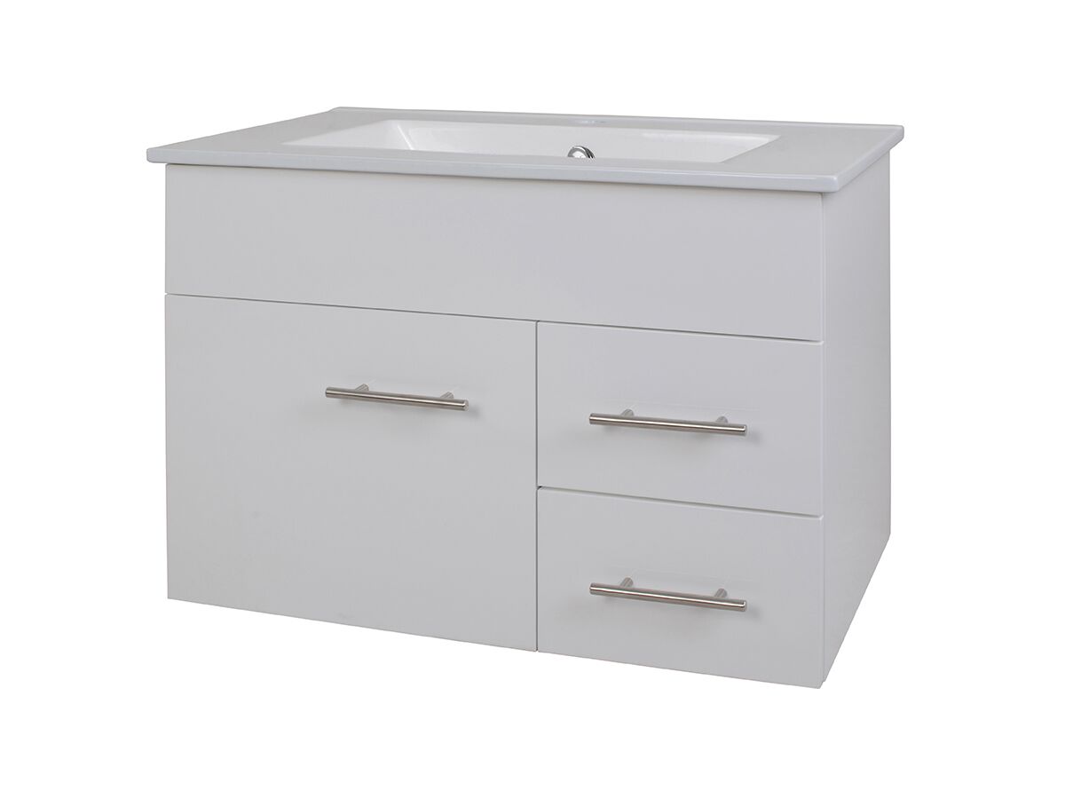 reece Posh Bristol MK2 750mm Wall Hung Vanity Unit Centre Bowl 1 Door and 2 Right Hand Drawers 3 Taphole White
