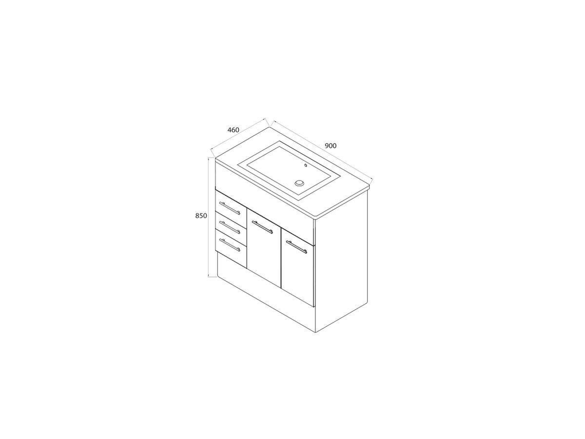 Reece Posh Bristol MK2 900mm Vanity Unit With Kick Centre Bowl 2 Door And 3 Left Hand Drawers 3 Taphole White