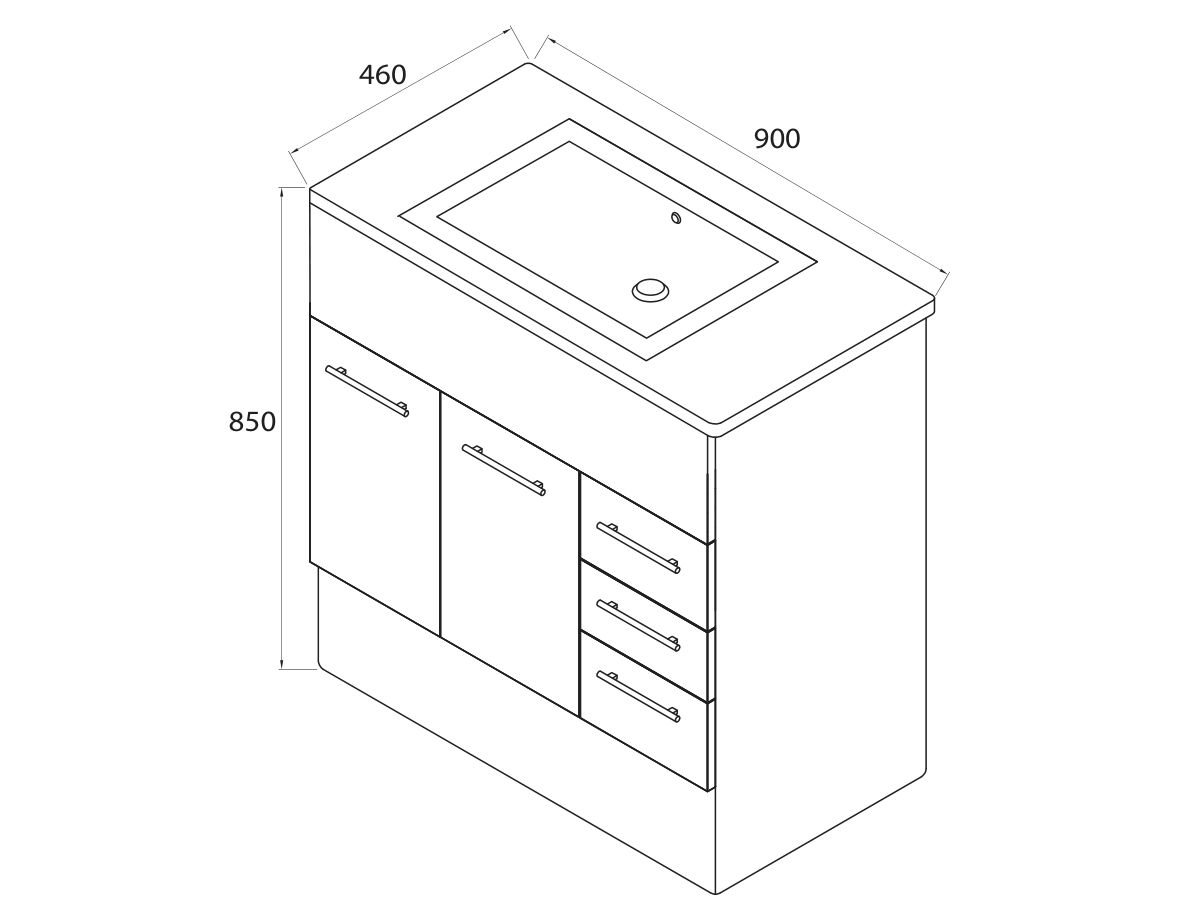 Reece Posh Bristol MK2 900mm Vanity Unit With Kick Centre Bowl 2 Door And 3 Right Hand Drawers 3 Taphole White