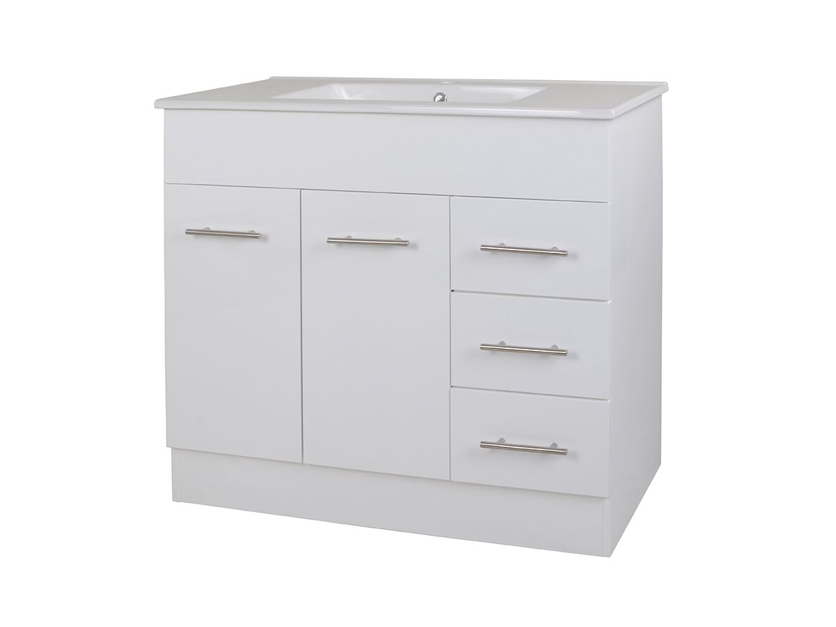 reece Posh Bristol MK2 900mm Vanity Unit with Kick Centre Bowl 2 Door and 3 Right Hand Drawers 3 Taphole White