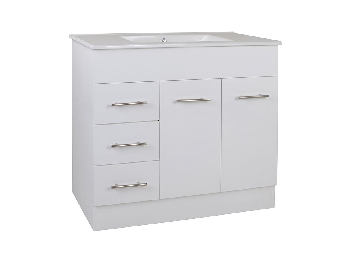 reece Posh Bristol MK2 900mm Vanity Unit with Kick Centre Bowl 2 Door and 3 Left Hand Drawers 3 Taphole White