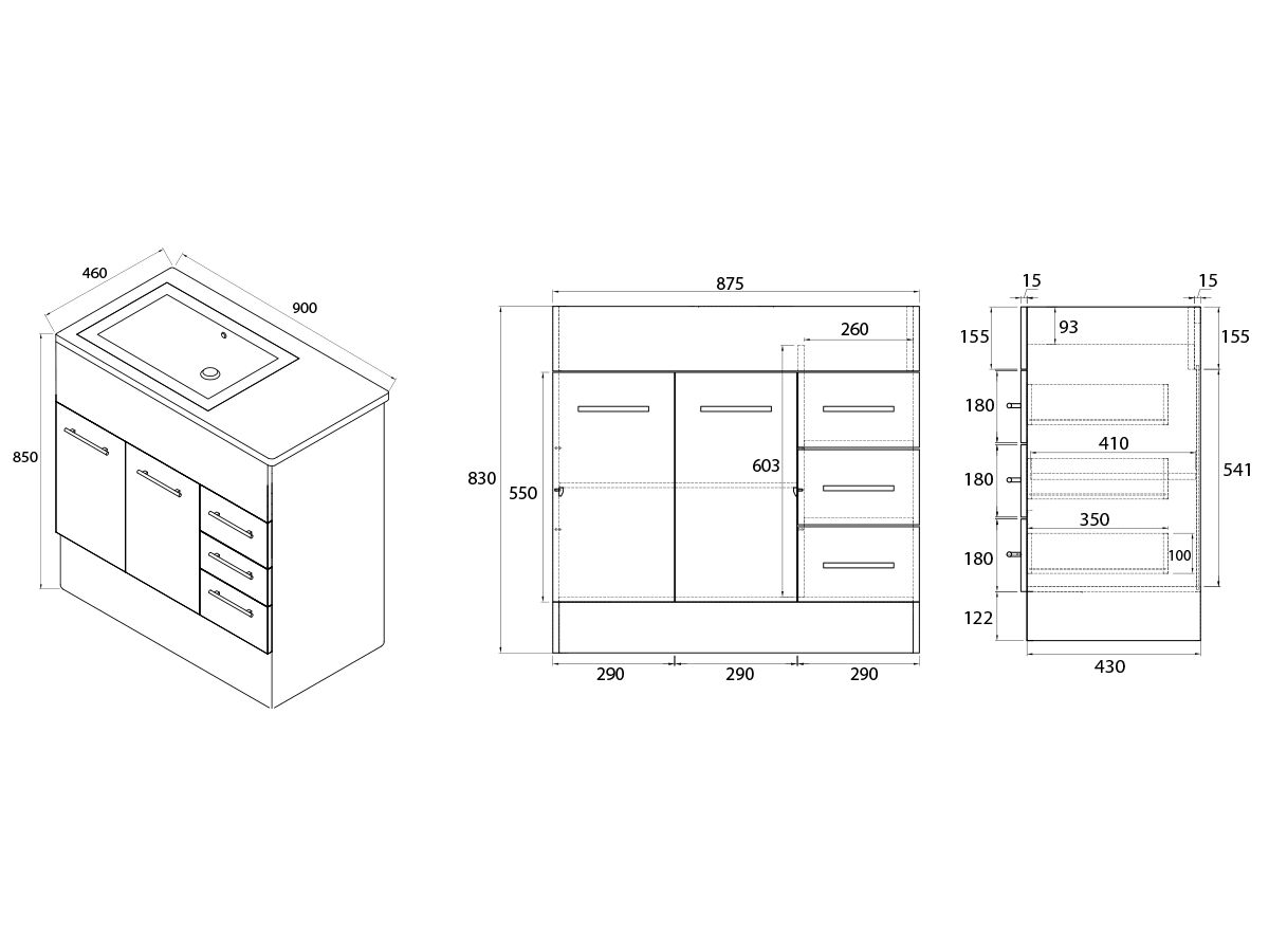 Reece Posh Bristol MK2 900mm Vanity Unit With Kick Left Hand Bowl 2 Door And 3 Right Hand Drawers 1 Taphole White