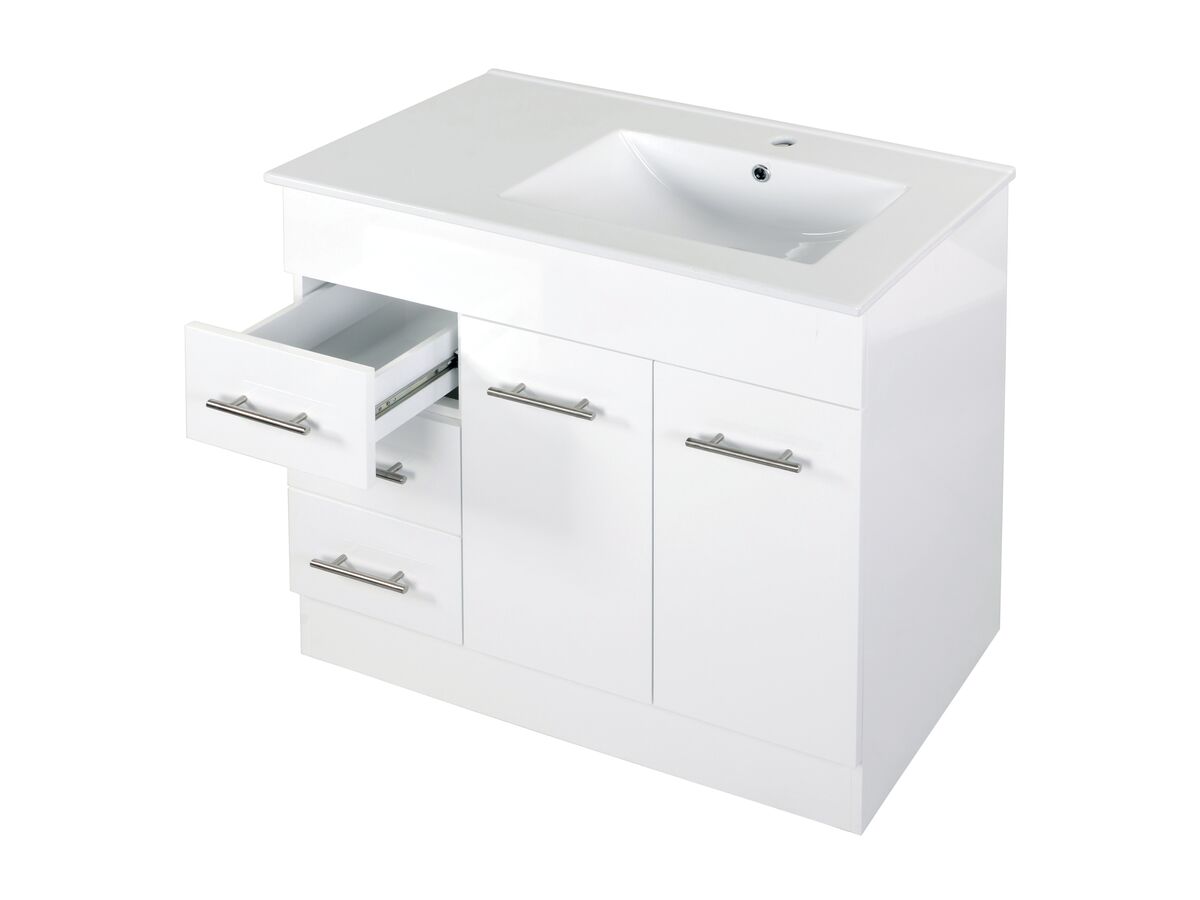 Reece Posh Bristol MK2 900mm Vanity Unit With Kick Right Hand Bowl 2 Door And 3 Left Hand Drawers 1 Taphole White