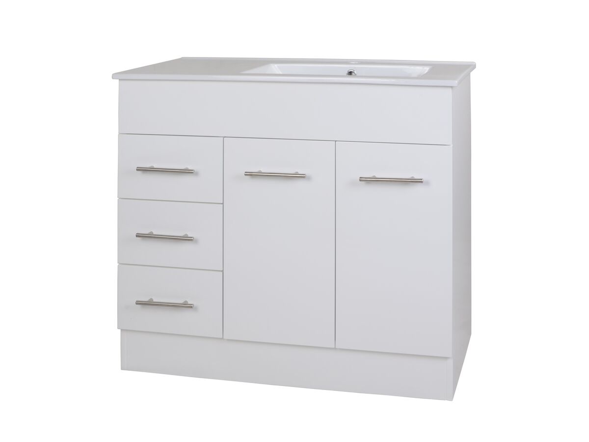 reece Posh Bristol MK2 900mm Vanity Unit with Kick Right Hand Bowl 2 Door and 3 Left Hand Drawers 1 Taphole White