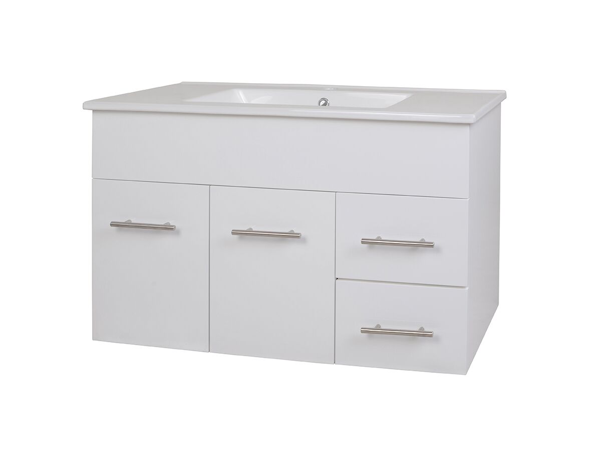 reece Posh Bristol MK2 900mm Wall Hung Vanity Unit Centre Bowl 2 Door and 2 Right Hand Drawers 1 Taphole White reece Posh Bristol MK2 900mm Wall Hung Vanity Unit Centre Bowl 2 Door and 2 Right Hand Drawers 1 Taphole White