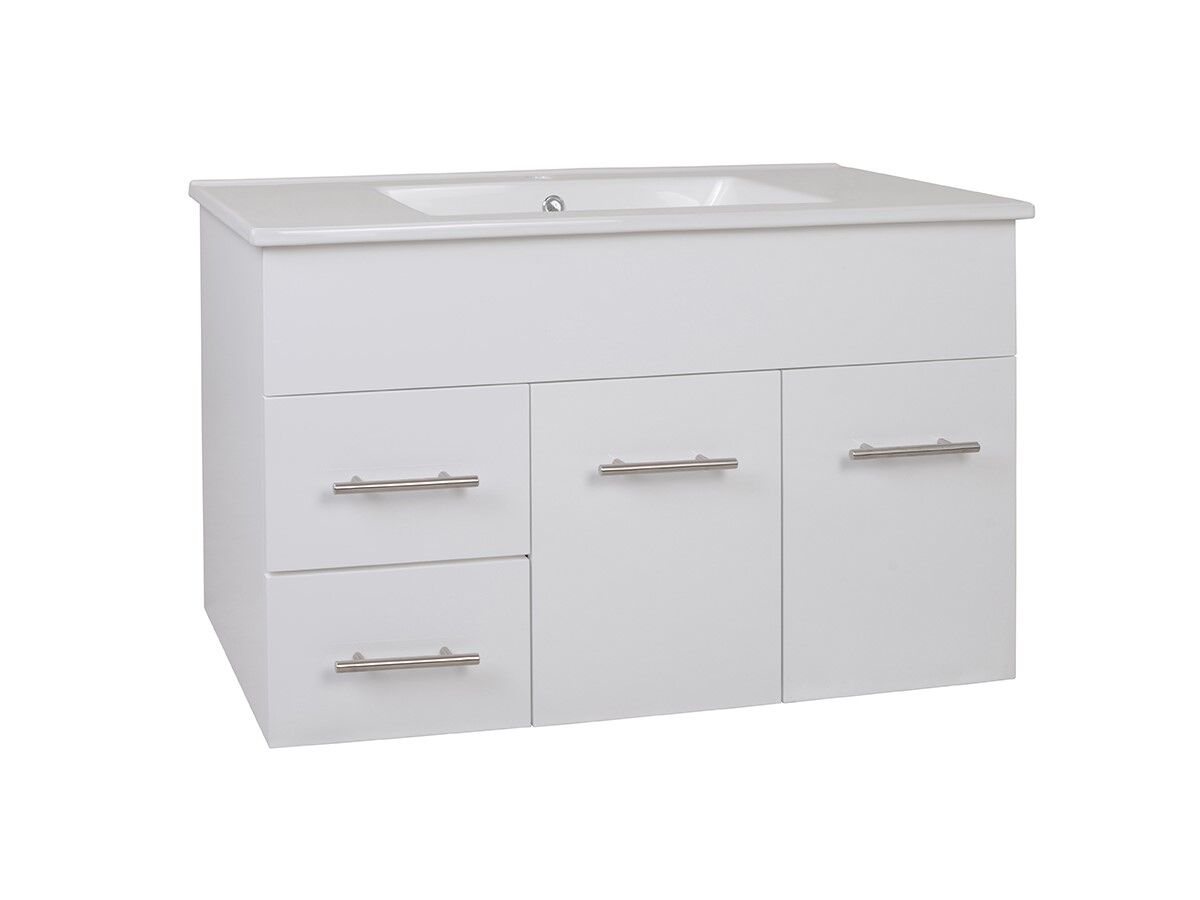 reece Posh Bristol MK2 900mm Wall Hung Vanity Unit Centre Bowl 2 Doors and 2 Left Hand Drawers 3 Tapholes White
