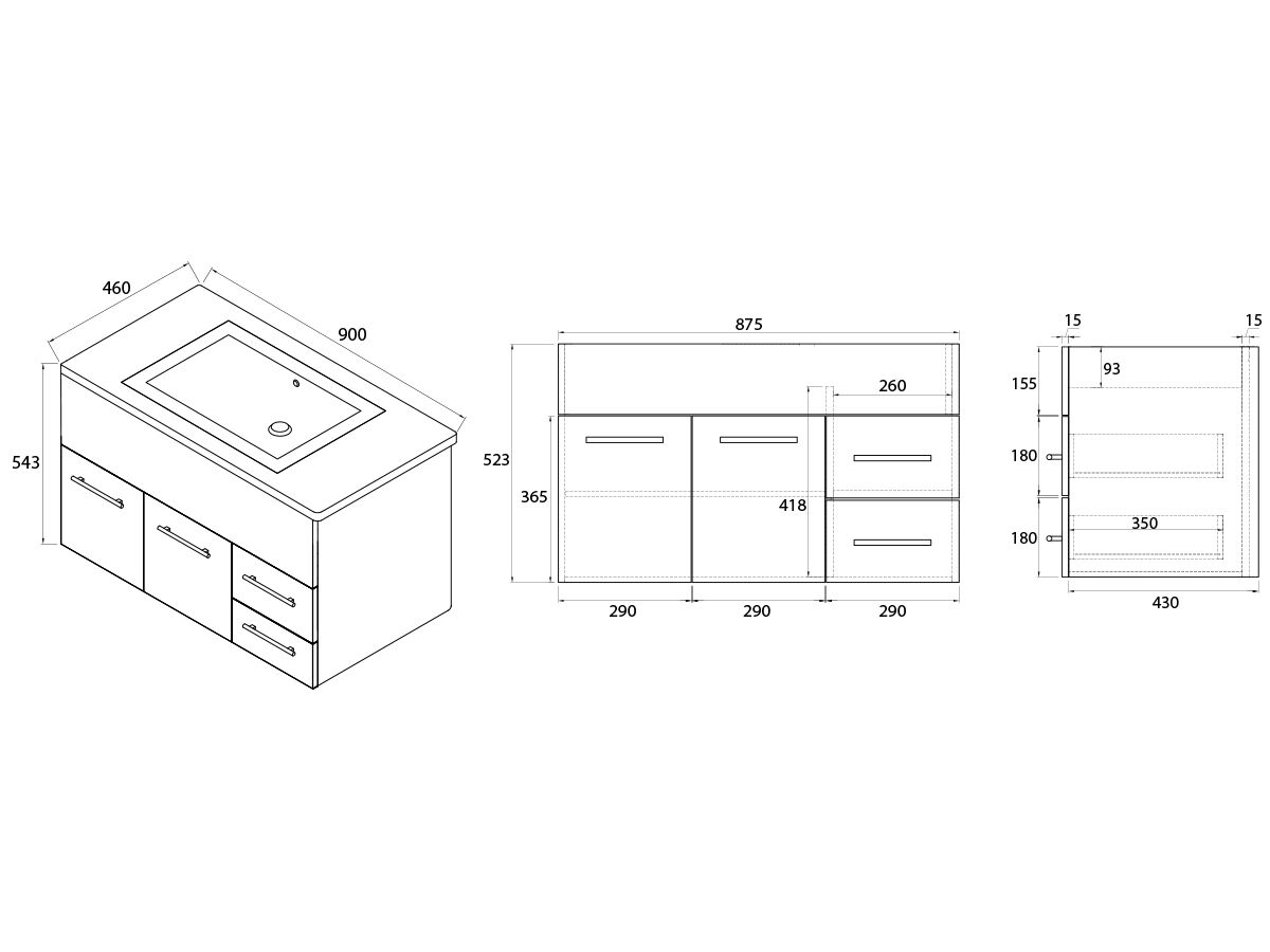 Reece Posh Bristol MK2 900mm Wall Hung Vanity Unit Centre Bowl 2 Door And 2 Right Hand Drawers 3 Taphole White
