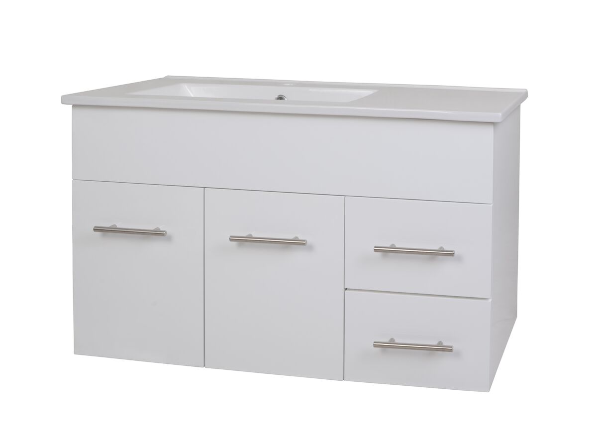 reece Posh Bristol MK2 900mm Wall Hung Vanity Unit Left Hand Bowl 2 Door and 2 Right Hand Drawers 1 Taphole White