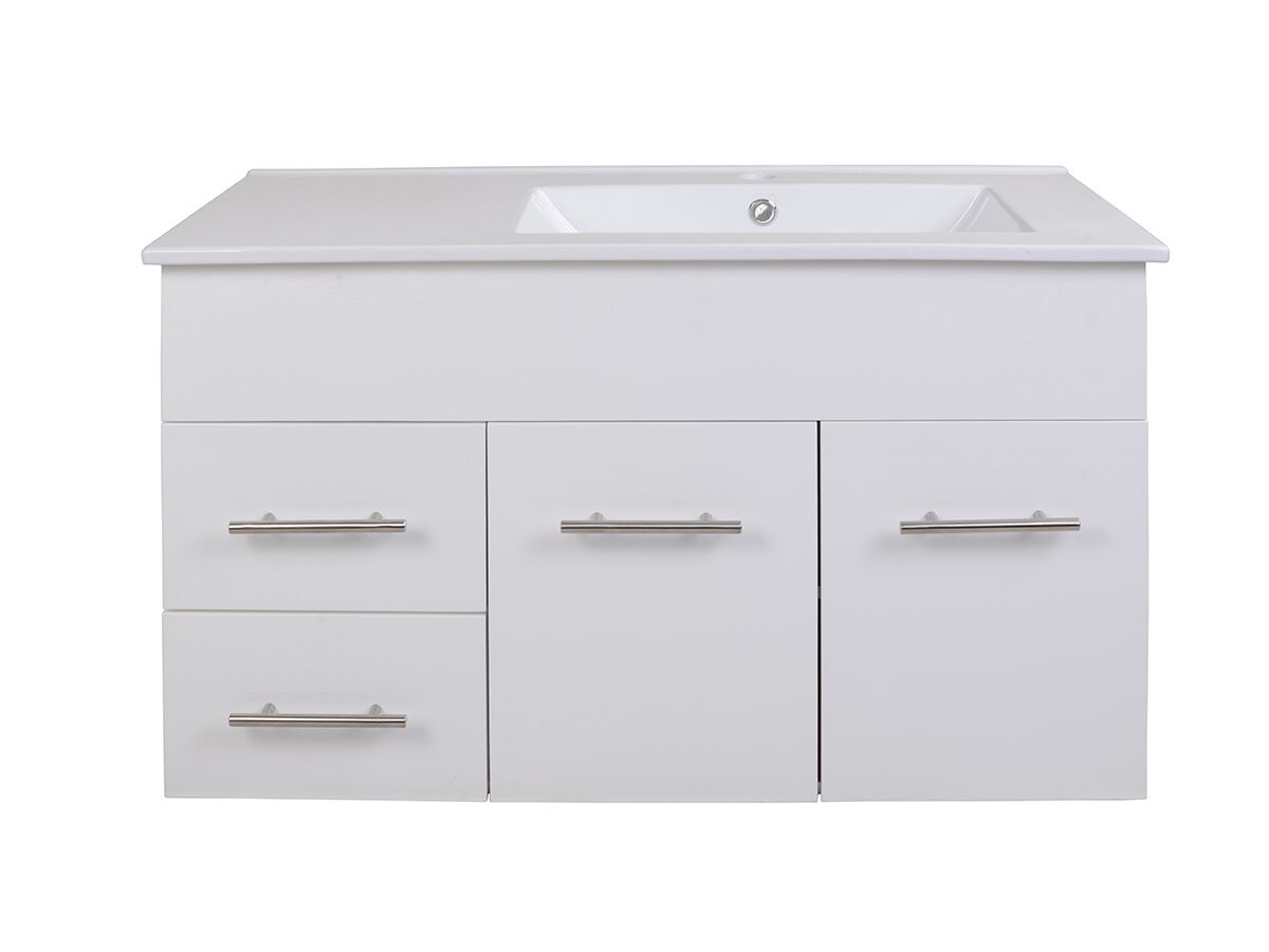 reece Posh Bristol MK2 900mm Wall Hung Vanity Unit Right Hand Bowl 2 Door and 2 Left Hand Drawers 3 Taphole White