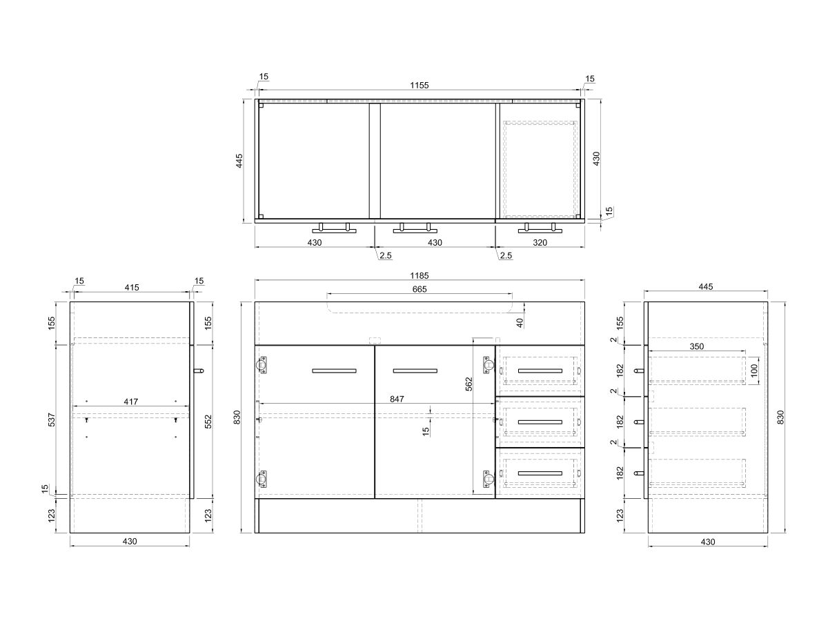 reece Posh Bristol MK2 Cabinet & Kick Only with 2 Door and 3 Right Hand Drawers 1200mm White