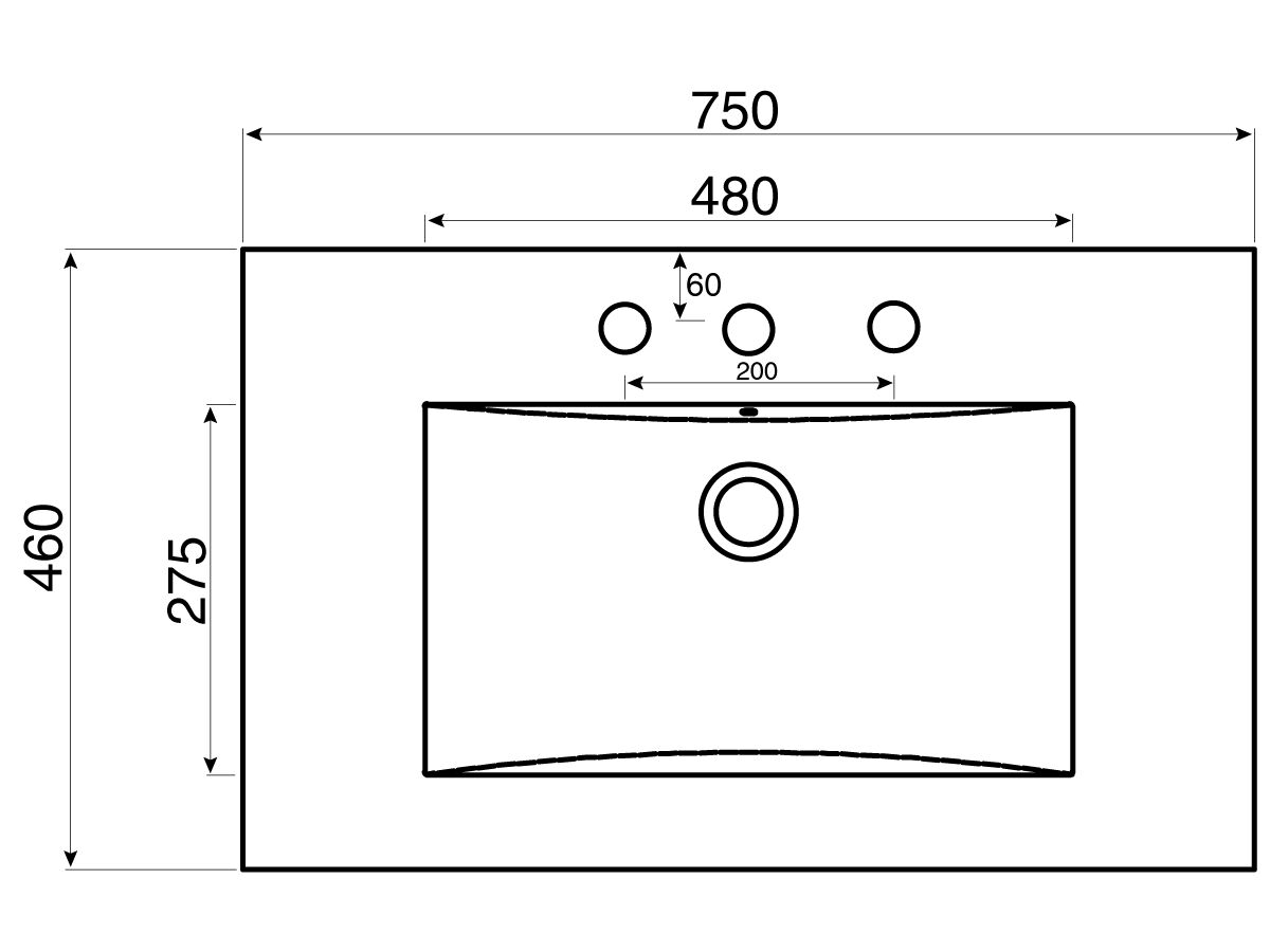 reece Posh Bristol MK2 Vanity Top Only Centre Bowl 3 Taphole 750mm White