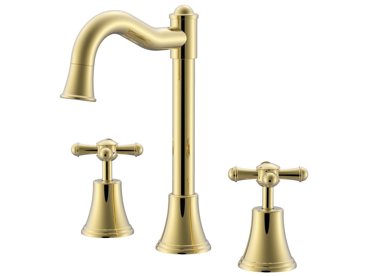 reece Posh Canterbury English Basin Set Swivel Outlet Cross Handles Polished Brass Gold (4 Star)