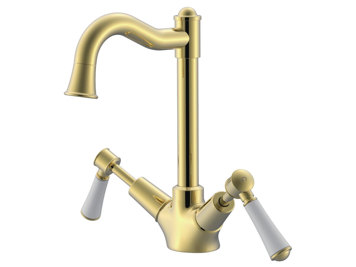 Reece Posh Canterbury English Basin Twinner Lever Porcelain Handles Polished Brass Gold (4 Star)