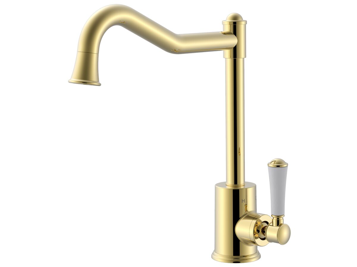 reece Posh Canterbury English Sink Mixer Tap Small Porcelain Handle Polished Brass Gold (4 Star)