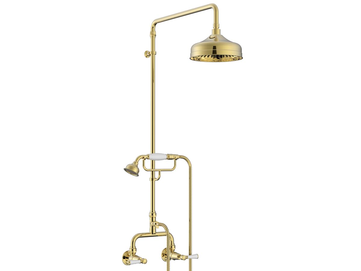 reece Posh Canterbury Exposed Twin Telephone Shower Set Lever Porcelain Handles Polished Brass Gold (3 Star)