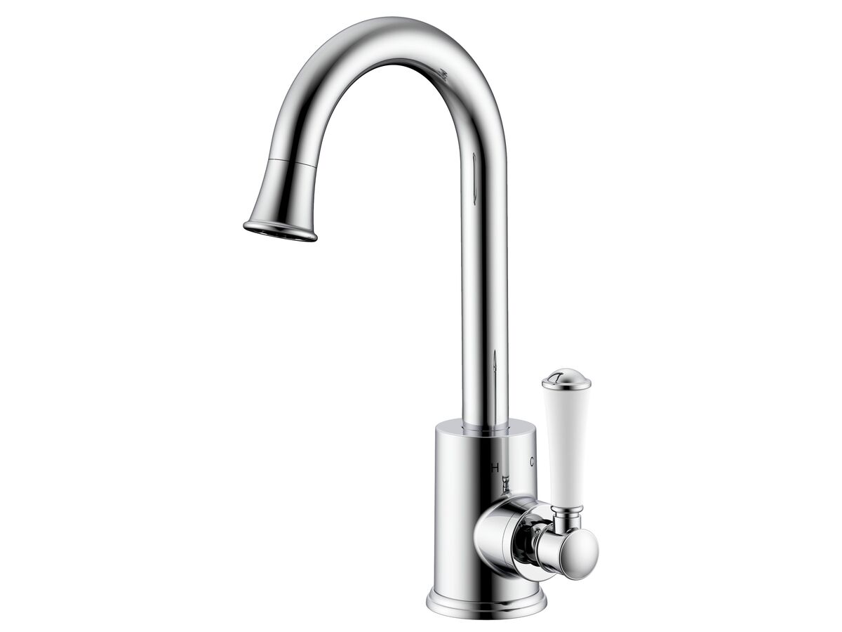 reece Posh Canterbury Gooseneck Basin Mixer Tap Porcelain Handle Chrome (4 Star) Lead Free
