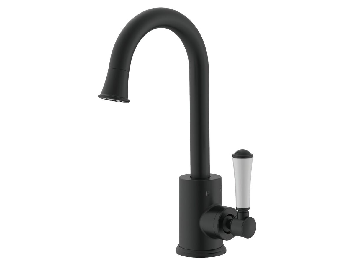 reece Posh Canterbury Gooseneck Basin Mixer Tap Porcelain Handle Matte Black (4 Star) Lead Free