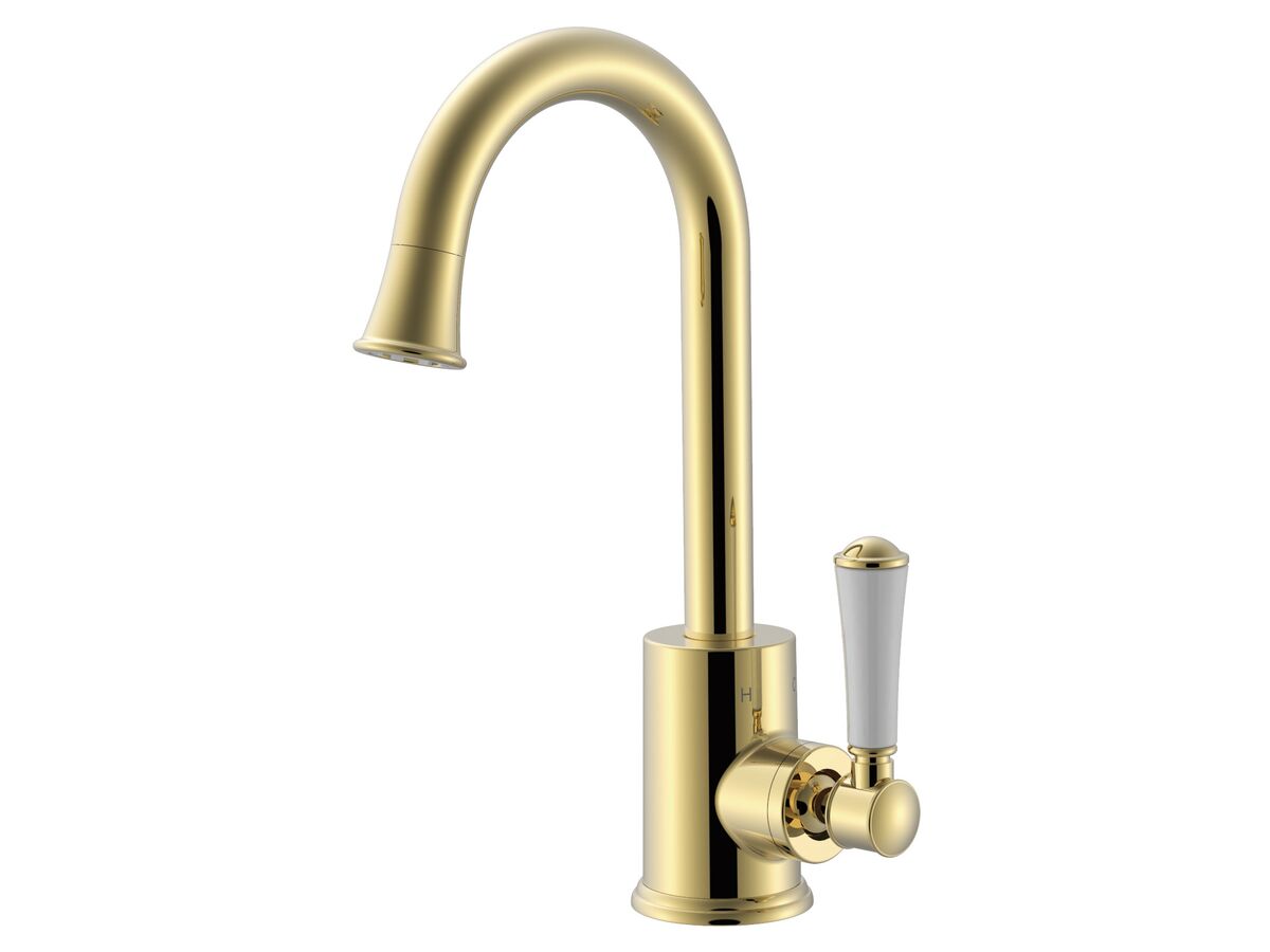 reece Posh Canterbury Gooseneck Basin Mixer Tap Porcelain Handle Polished Brass Gold (4 Star)