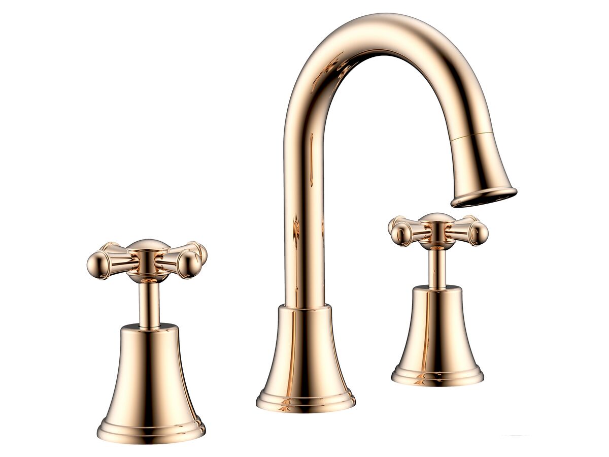 reece Posh Canterbury Gooseneck Basin Set Swivel Outlet Cross Handles Polished Brass Gold (4 Star)