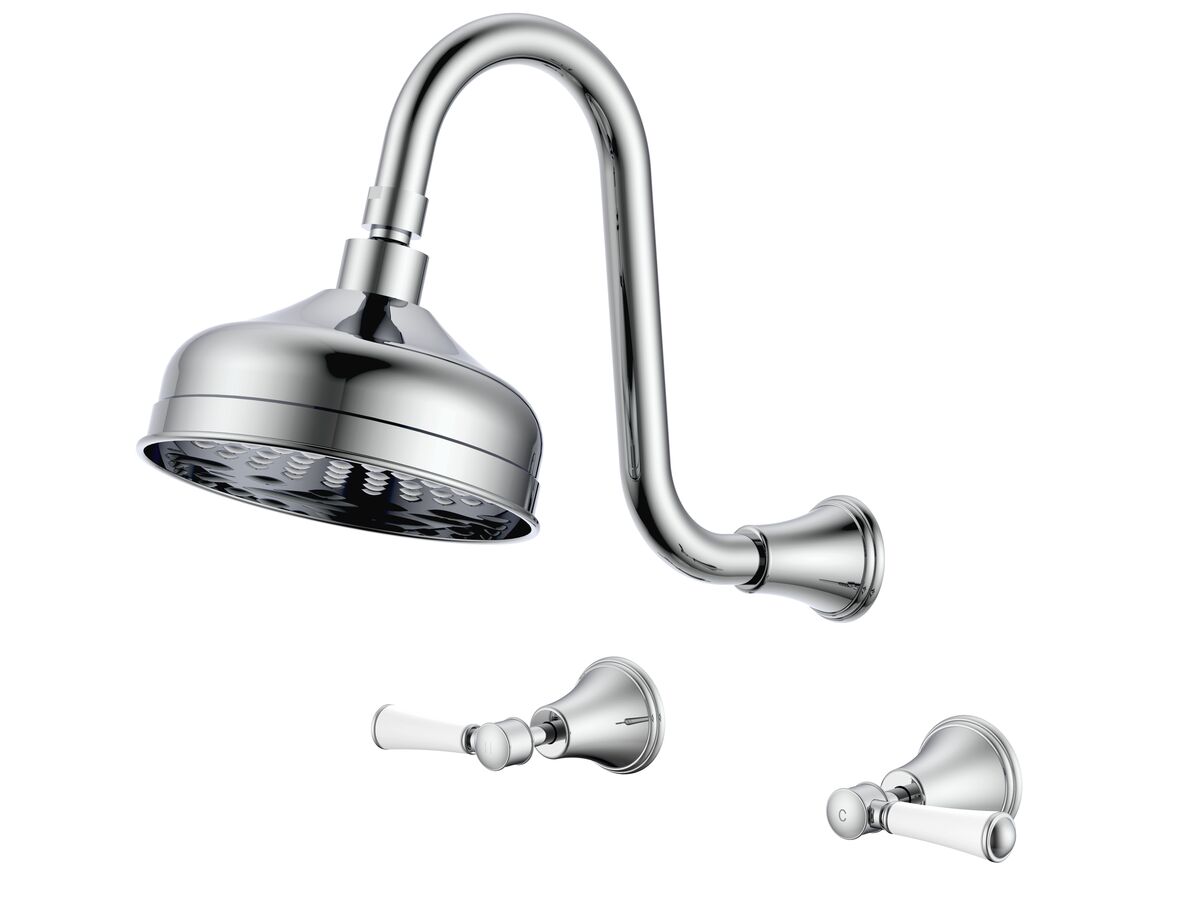 reece Posh Canterbury Gooseneck Shower Set Lever Porcelain Handles Chrome (3 Star)