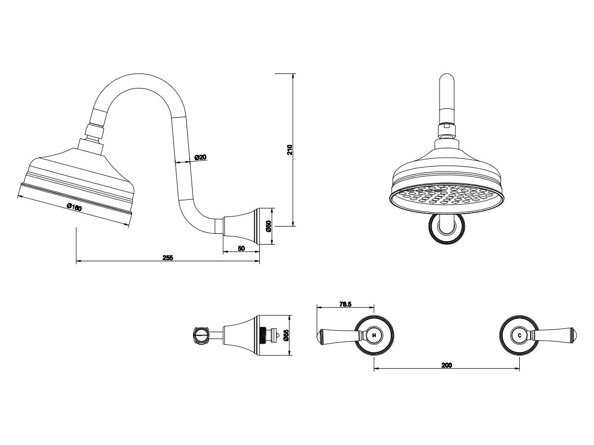 Reece Posh Canterbury Gooseneck Shower Set Lever Porcelain Handles Matte Black (3 Star)