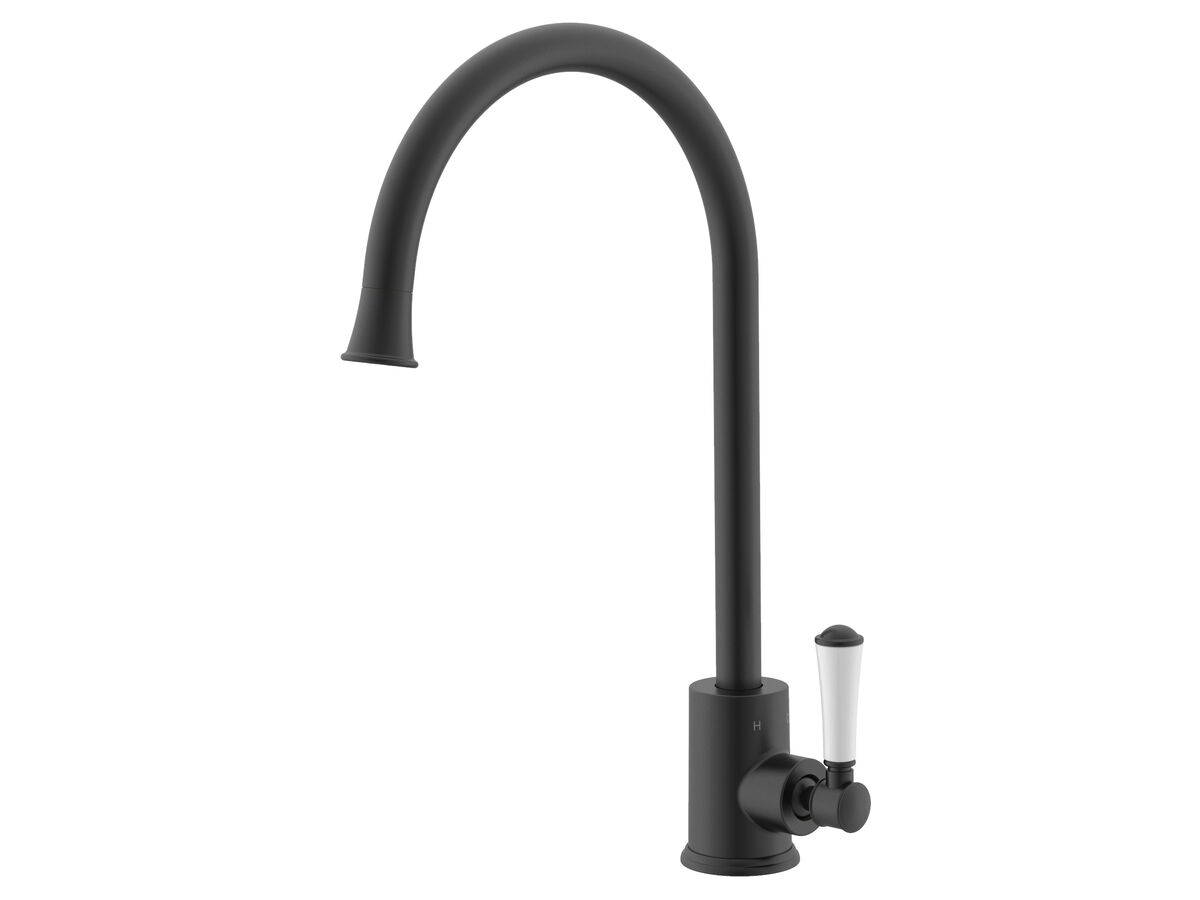 reece Posh Canterbury Gooseneck Sink Mixer Tap Large Porcelain Handle Matte Black (4 Star) Lead Free