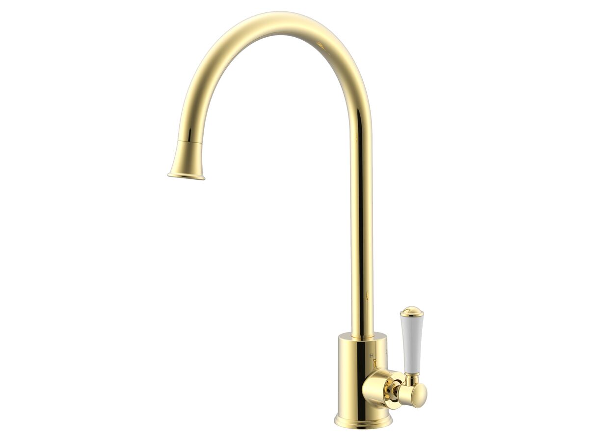 reece Posh Canterbury Gooseneck Sink Mixer Tap Large Porcelain Handle Polished Brass Gold (4 Star) Lead Free