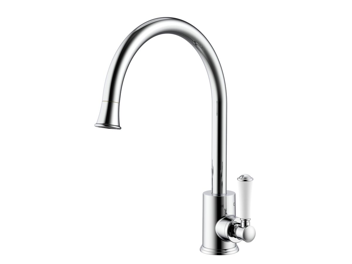 reece Posh Canterbury Gooseneck Sink Mixer Tap Small Porcelain Handle Chrome (4 Star)
