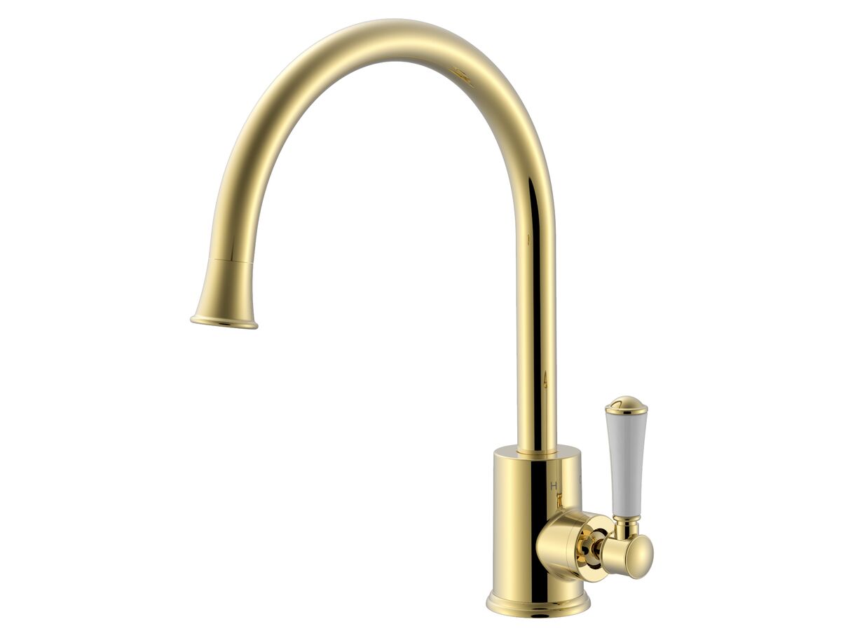reece Posh Canterbury Gooseneck Sink Mixer Tap Small Porcelain Handle Polished Brass Gold (4 Star) Lead Free