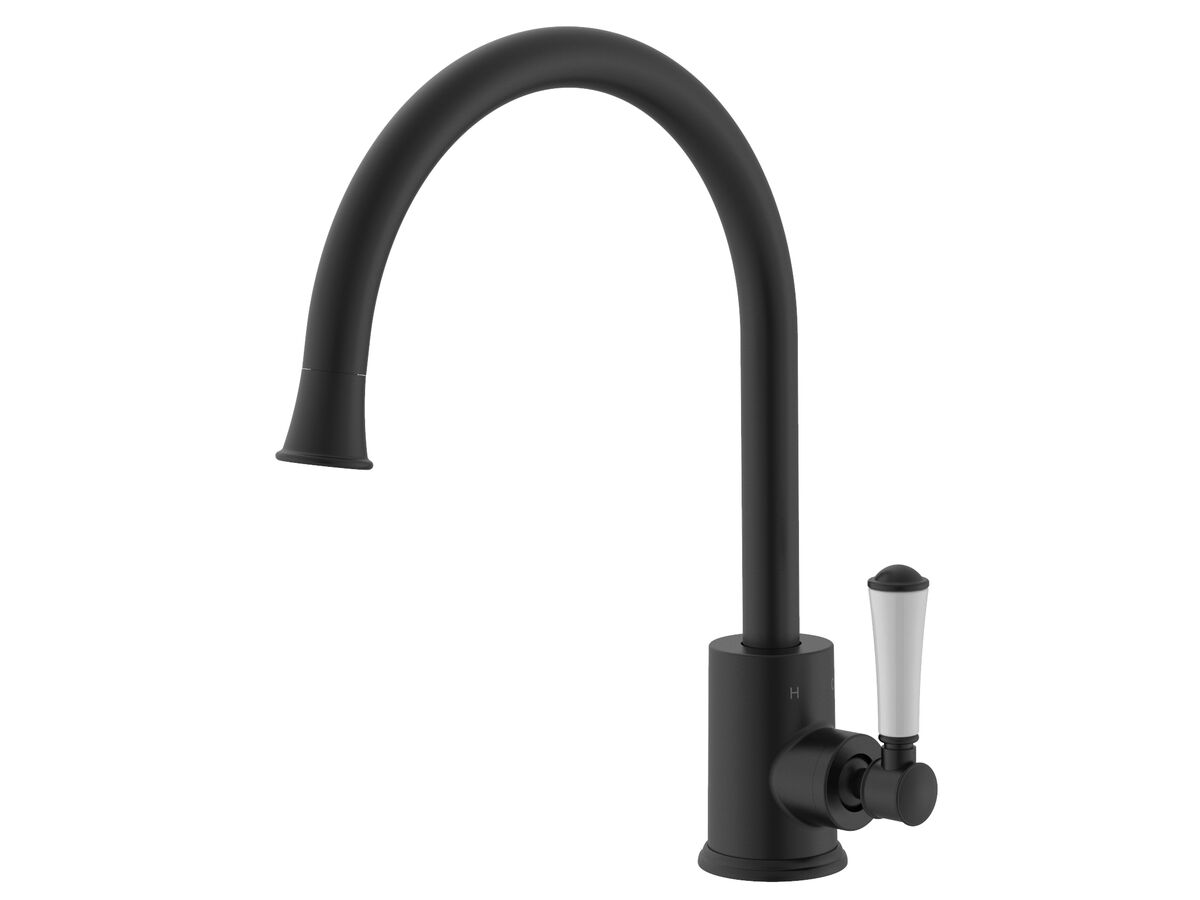 reece Posh Canterbury Gooseneck Sink Mixer Tap Small Porcelain Handle Matte Black (4 Star) Lead Free