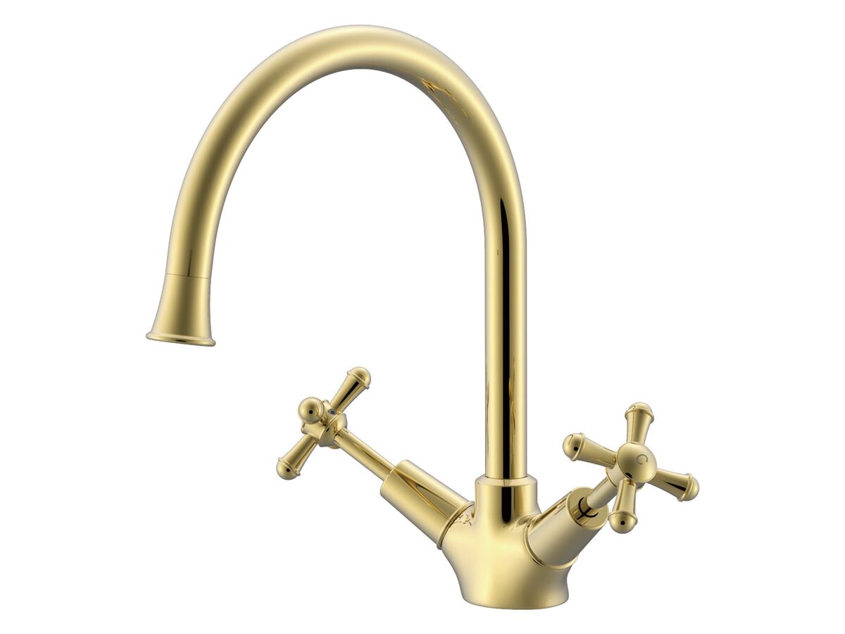 reece Posh Canterbury Gooseneck Sink Twinner Tap Small Cross Handles Polished Brass Gold (4 Star)