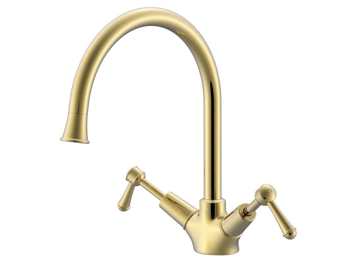 reece Posh Canterbury Gooseneck Sink Twinner Tap Small Lever Handles Polished Brass Gold (4 Star)