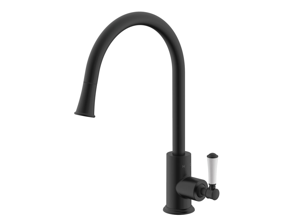 reece Posh Canterbury Pull Out Sink Mixer Porcelain Handle Matte Black (4 Star) Lead Free