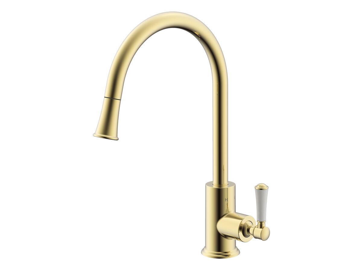 reece Posh Canterbury Pull Out Sink Mixer Porcelain Handle Polished Brass Gold (4 Star) Lead Free