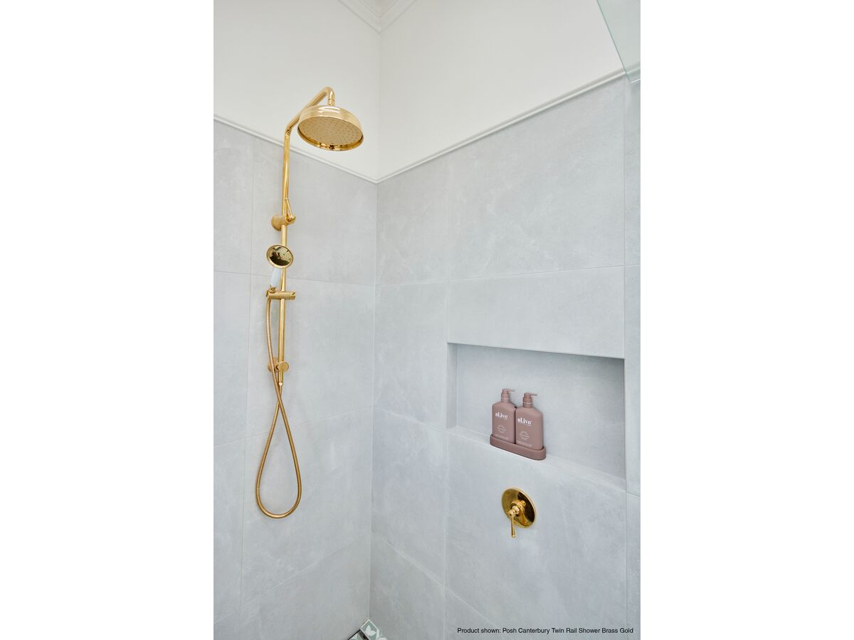Reece Posh Canterbury Twin Rail Shower With Top Rail Water Inlet Polished Brass Gold (3 Star)