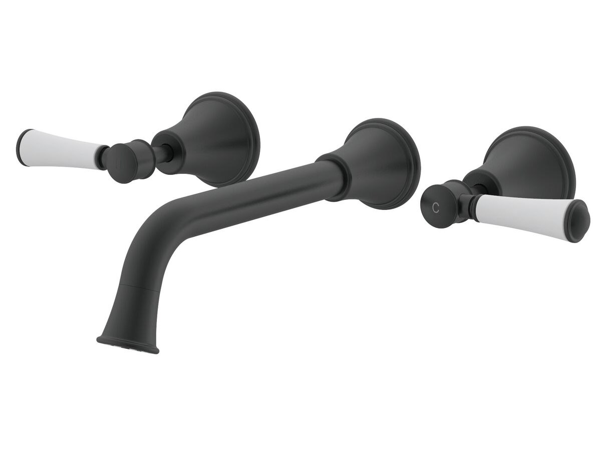 reece Posh Canterbury Wall Basin Set 220mm Lever Porcelain Handles Matte Black (4 Star)