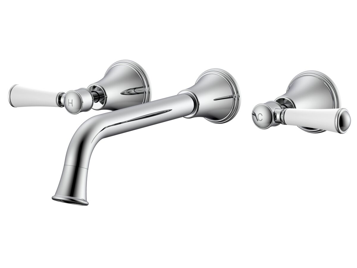 reece Posh Canterbury Wall Bath Set 220mm Lever Porcelain Handles Chrome