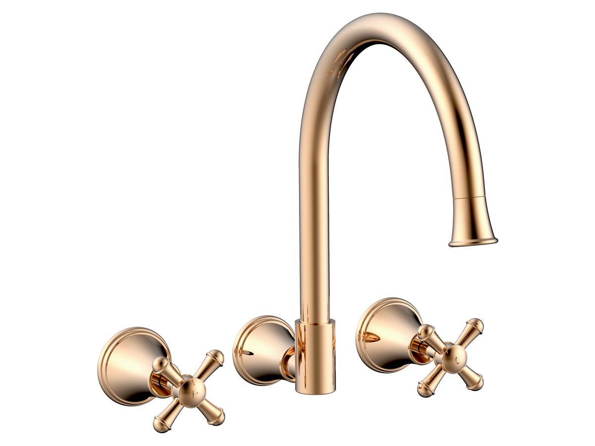 reece Posh Canterbury Wall Gooseneck Sink Set Cross Handle Polished Brass Gold (4 Star) Lead Free