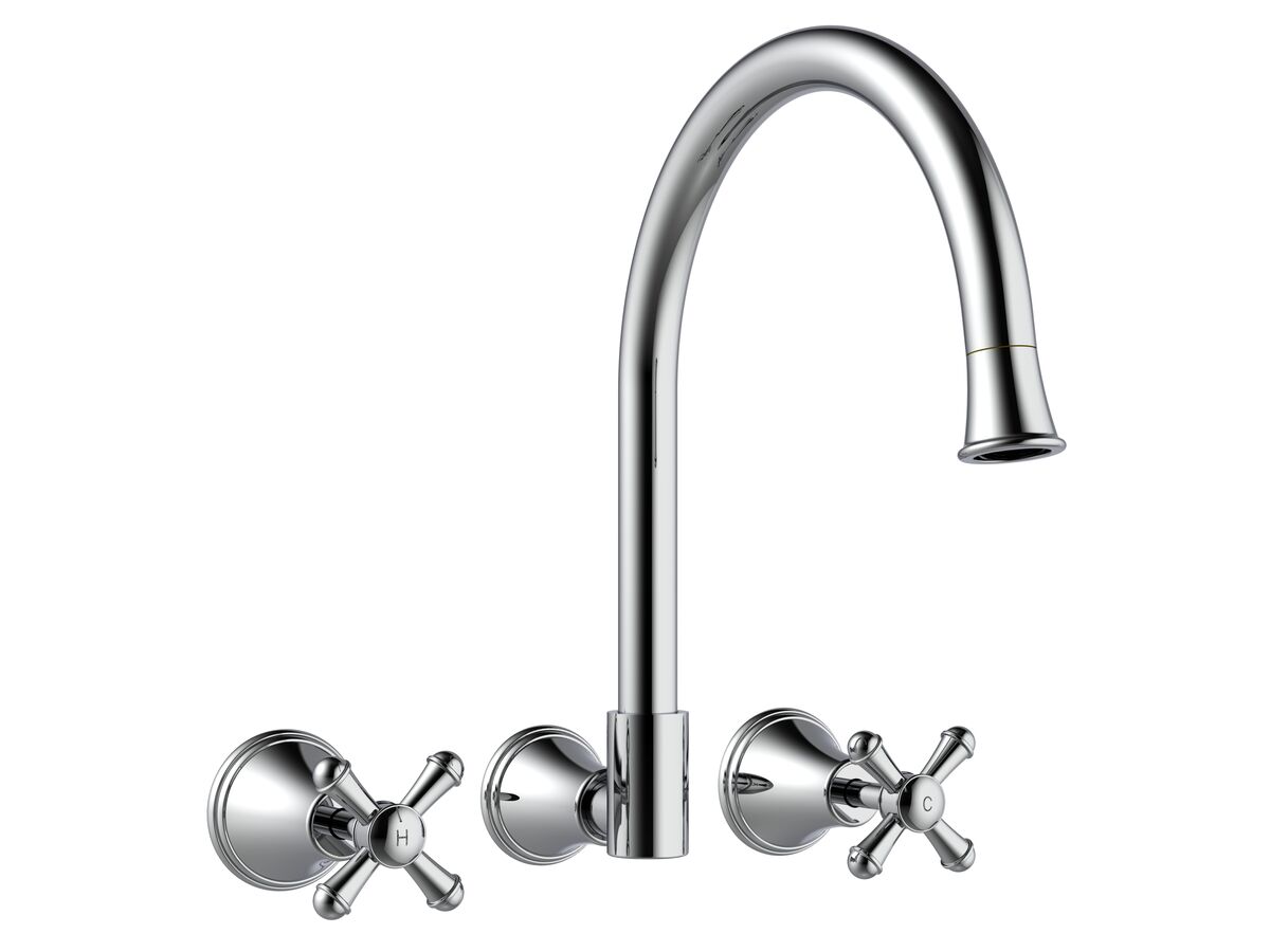 reece Posh Canterbury Wall Gooseneck Sink Set Cross Handles Chrome (4 Star)