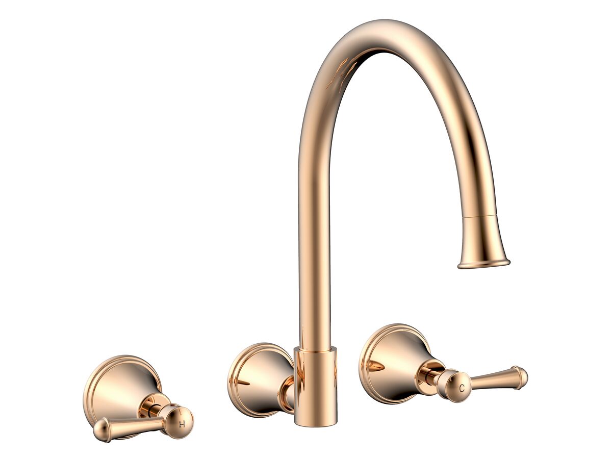 reece Posh Canterbury Wall Gooseneck Sink Set Lever Handles Polished Brass Gold (4 Star)